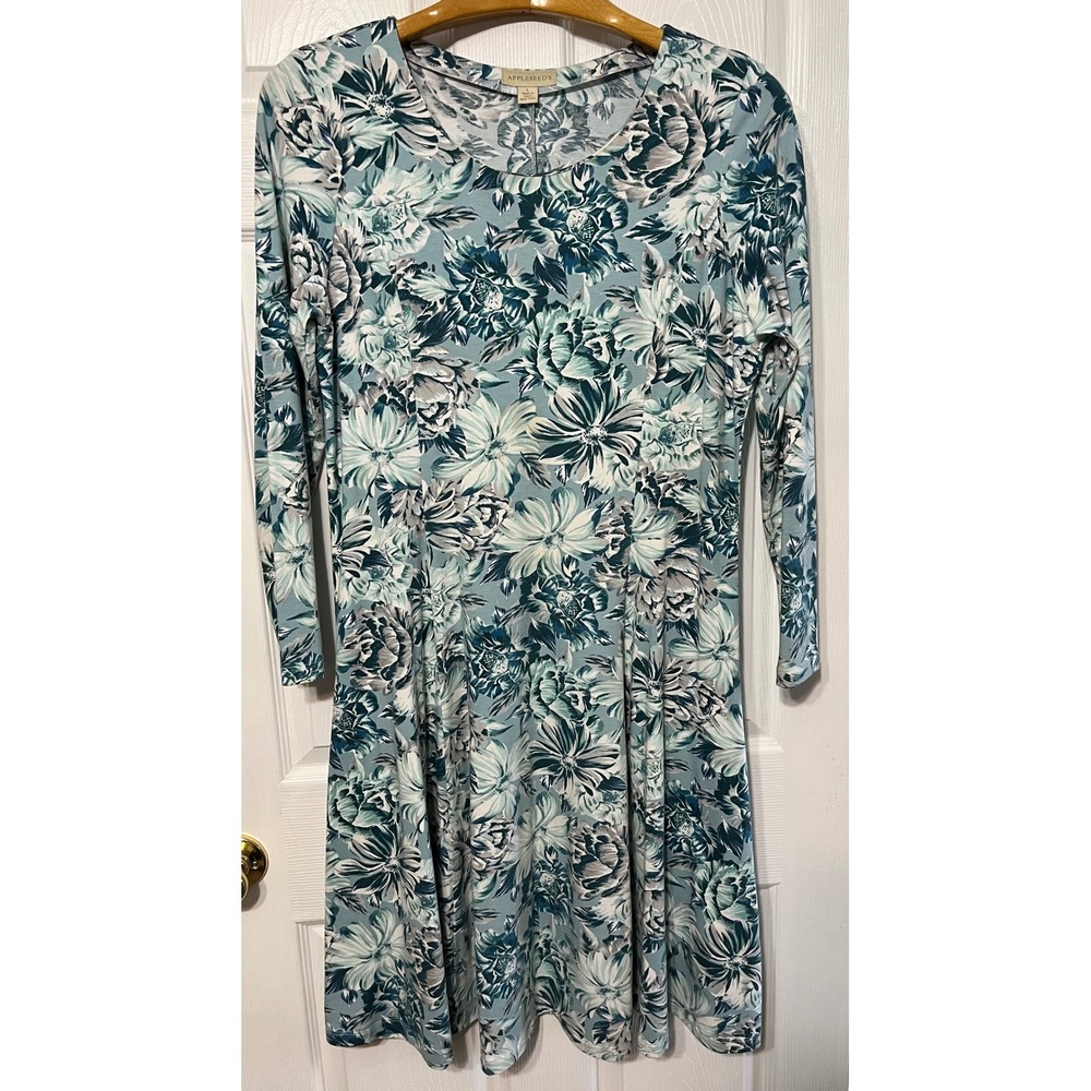 Appleseed's Women's Floral Print Long Sleeve Knit Dress Size L Blue Green